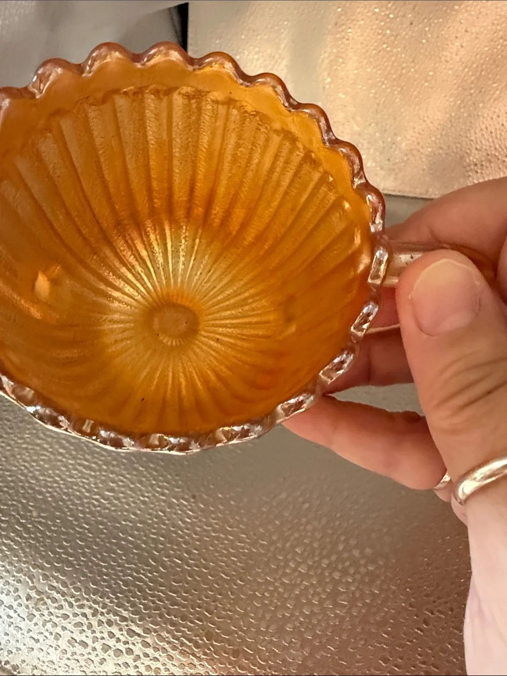 Vintage “Striped Rays” Carnival Glass sugar and creamer set.